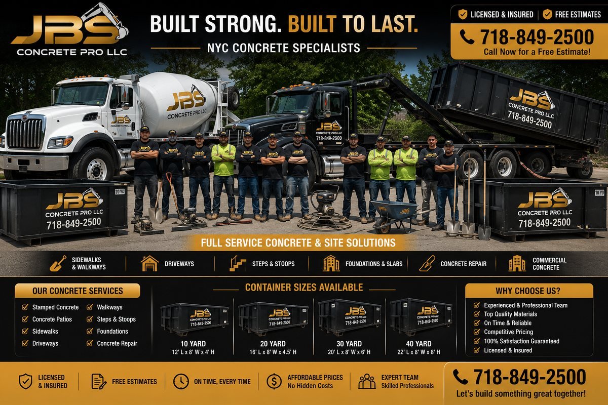 The JBS Concrete Pro team with mixer truck, roll-off truck, and 10 to 40 yard containers — Built Strong Built to Last, call 718-849-2500