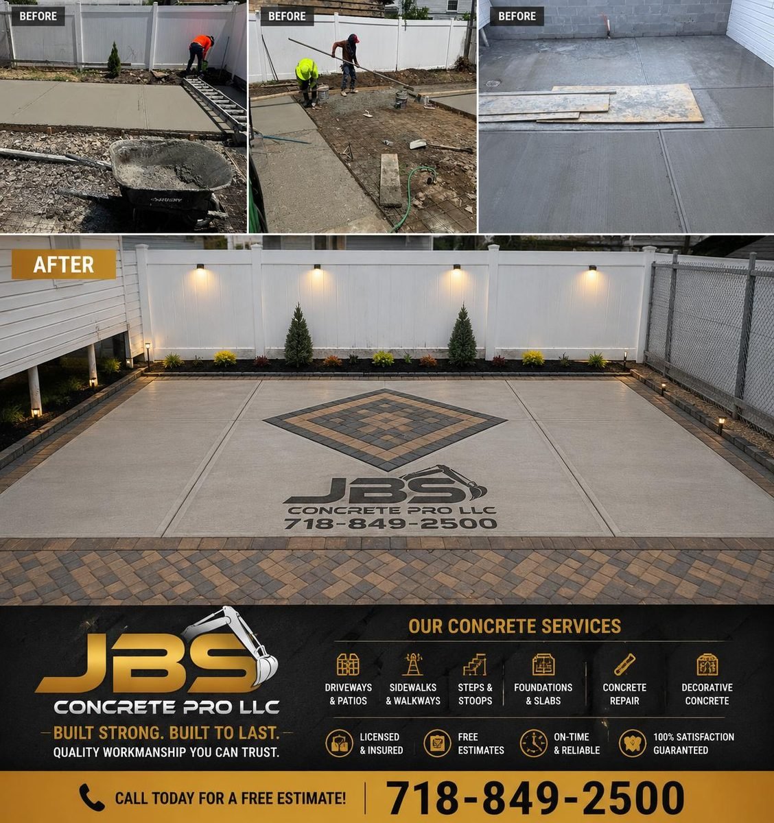 Backyard concrete patio poured by JBS with decorative paver border and diamond inlay, shown before and after