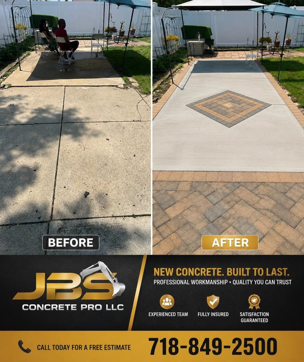 Before and after: cracked backyard walkway replaced with new concrete and a paver diamond inlay