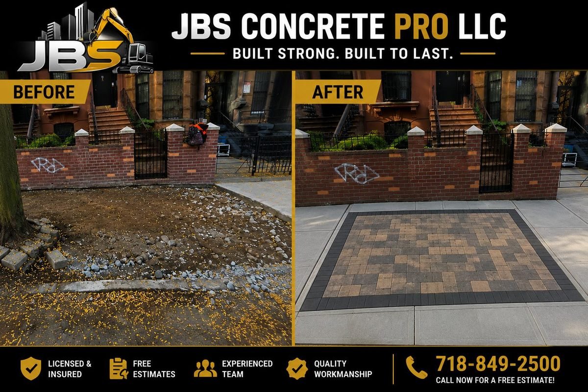 Before and after: bare dirt front yard at a brownstone transformed with a paver patio and new concrete by JBS