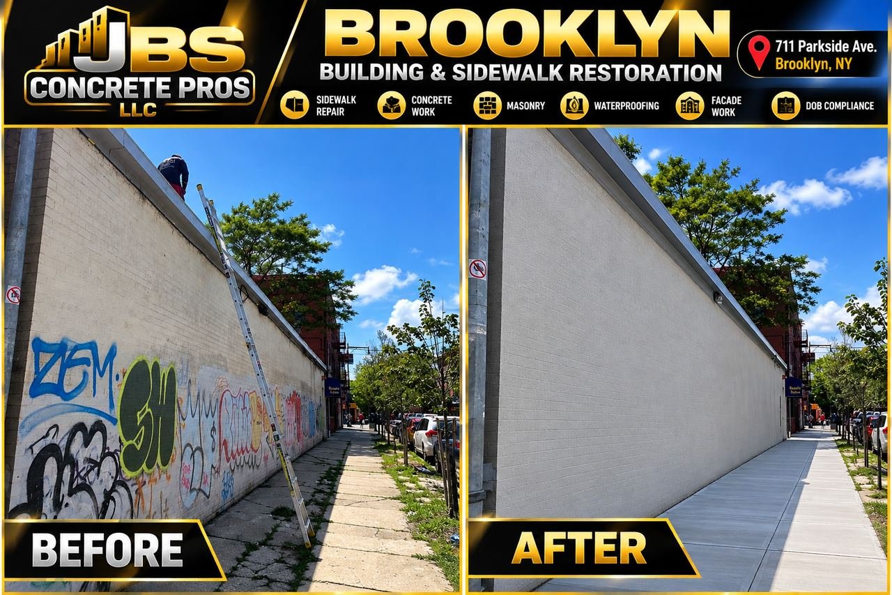 Before and after at 711 Parkside Avenue, Brooklyn: graffiti-covered building wall restored and the cracked sidewalk replaced by JBS Concrete Pros