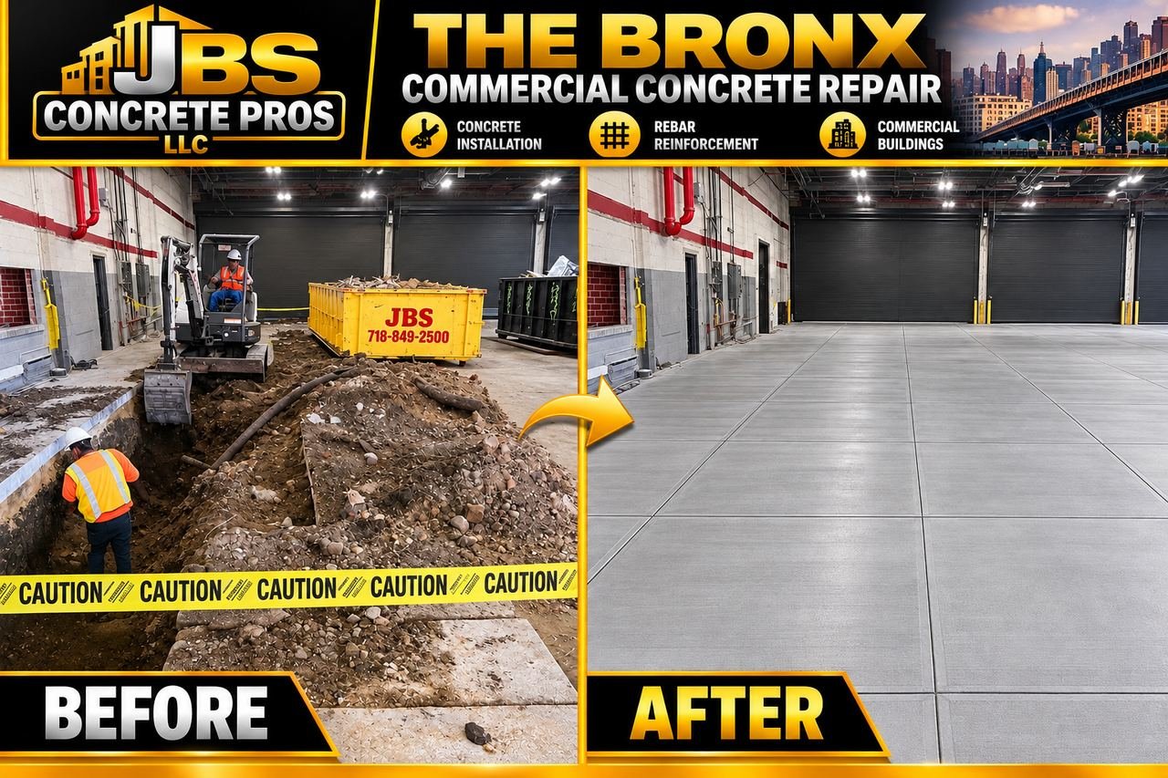 Before and after: excavated warehouse floor in the Bronx with a JBS container on site, replaced with a new jointed commercial concrete slab