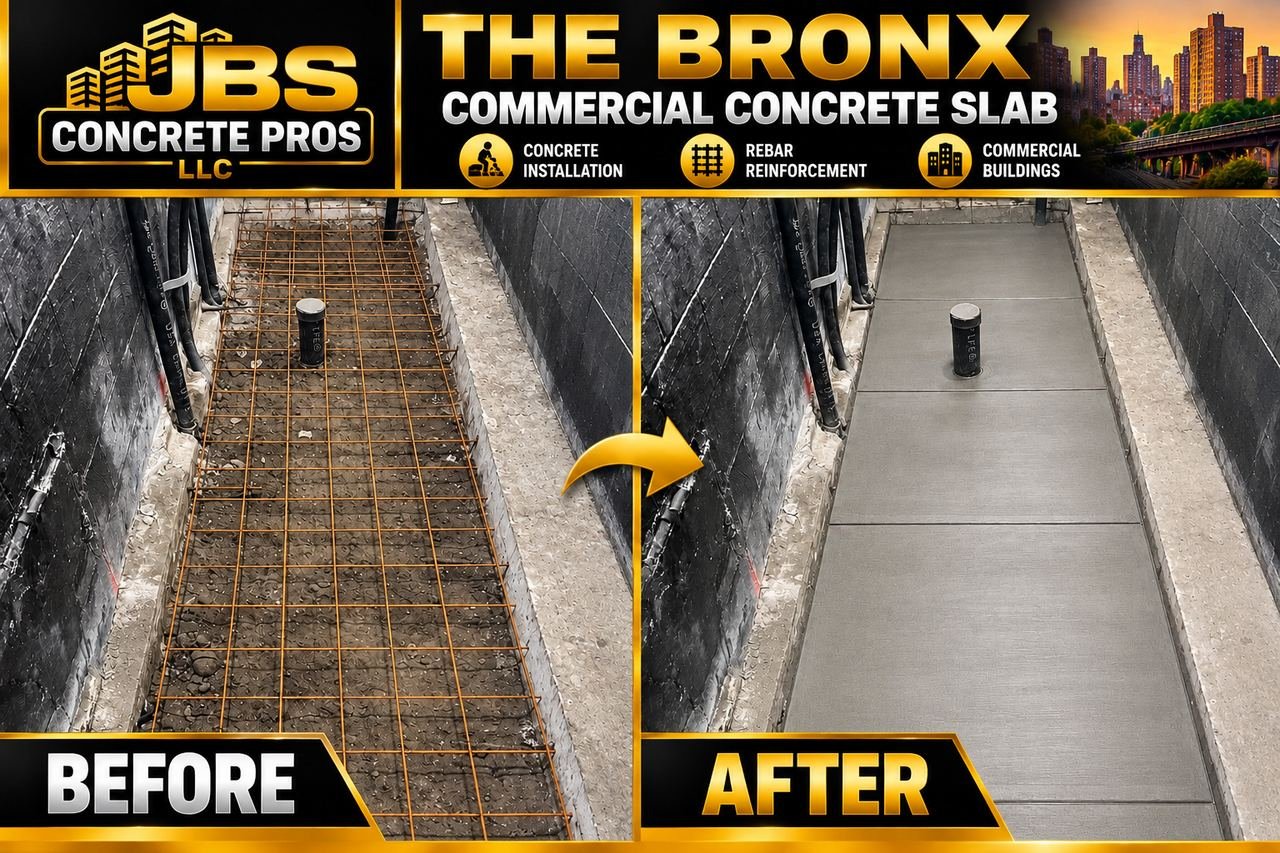 Before and after: rebar grid placed for a commercial concrete slab in the Bronx and the finished poured slab by JBS Concrete Pros