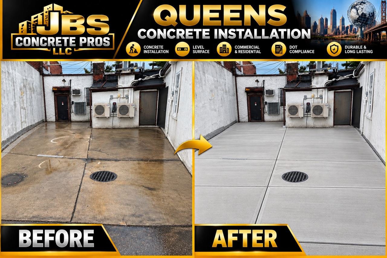 Before and after: stained, cracked rear-yard concrete at a Queens building replaced with a new jointed concrete slab around the drain by JBS