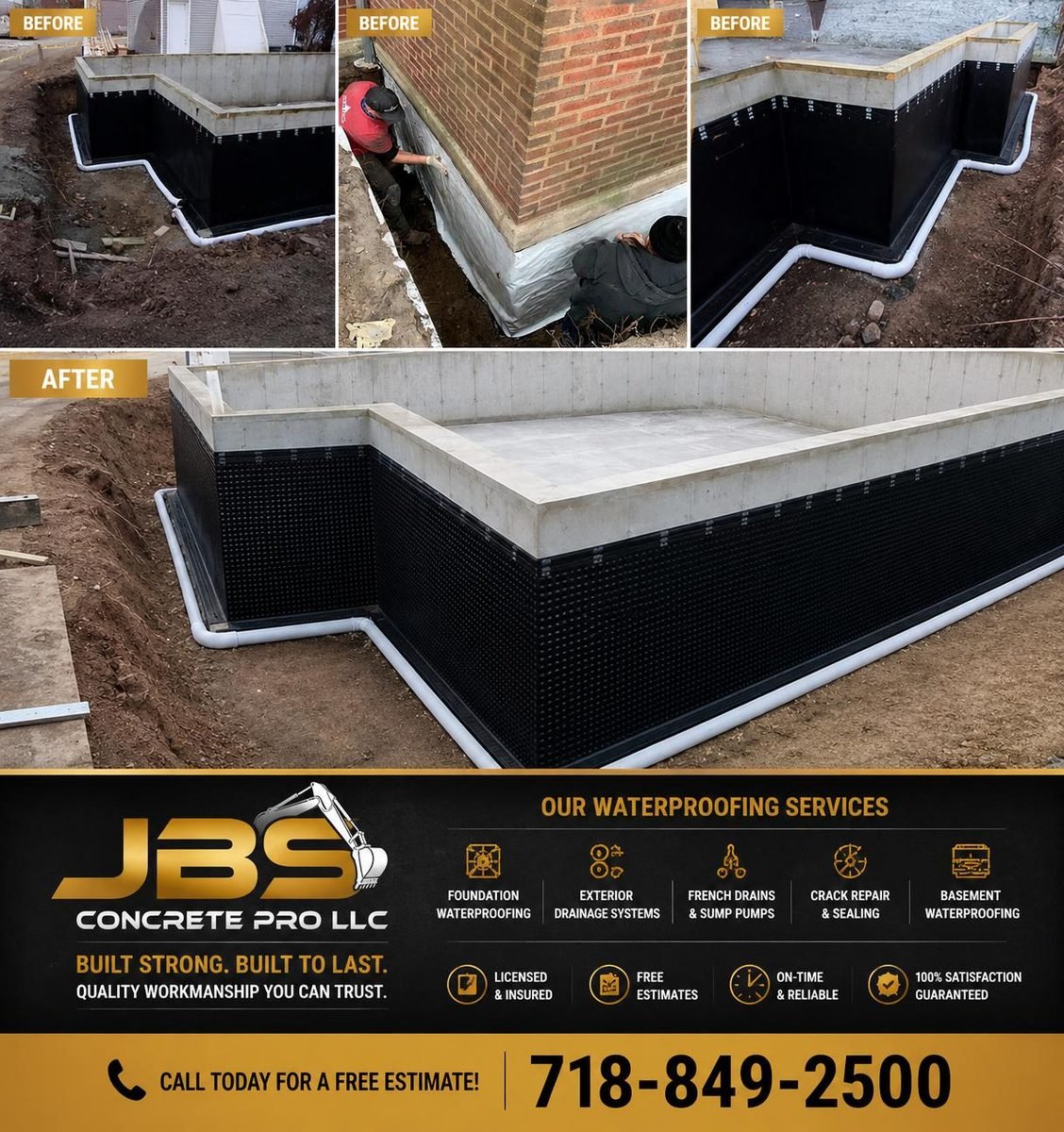 New poured foundation walls wrapped in waterproofing membrane with drainage board and footing drain