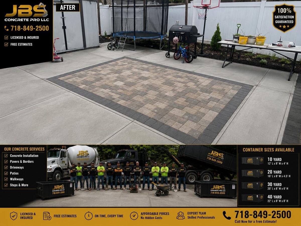 Finished backyard patio with paver inlay by JBS, with 10 to 40 yard roll-off container sizes shown