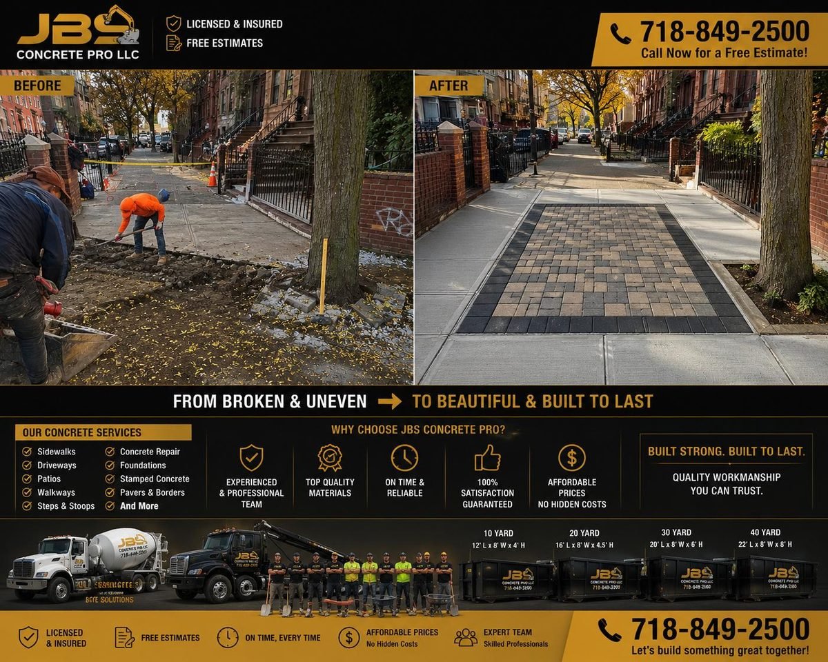 Before and after: uneven Brooklyn sidewalk rebuilt with concrete flags and a decorative paver inlay under street trees