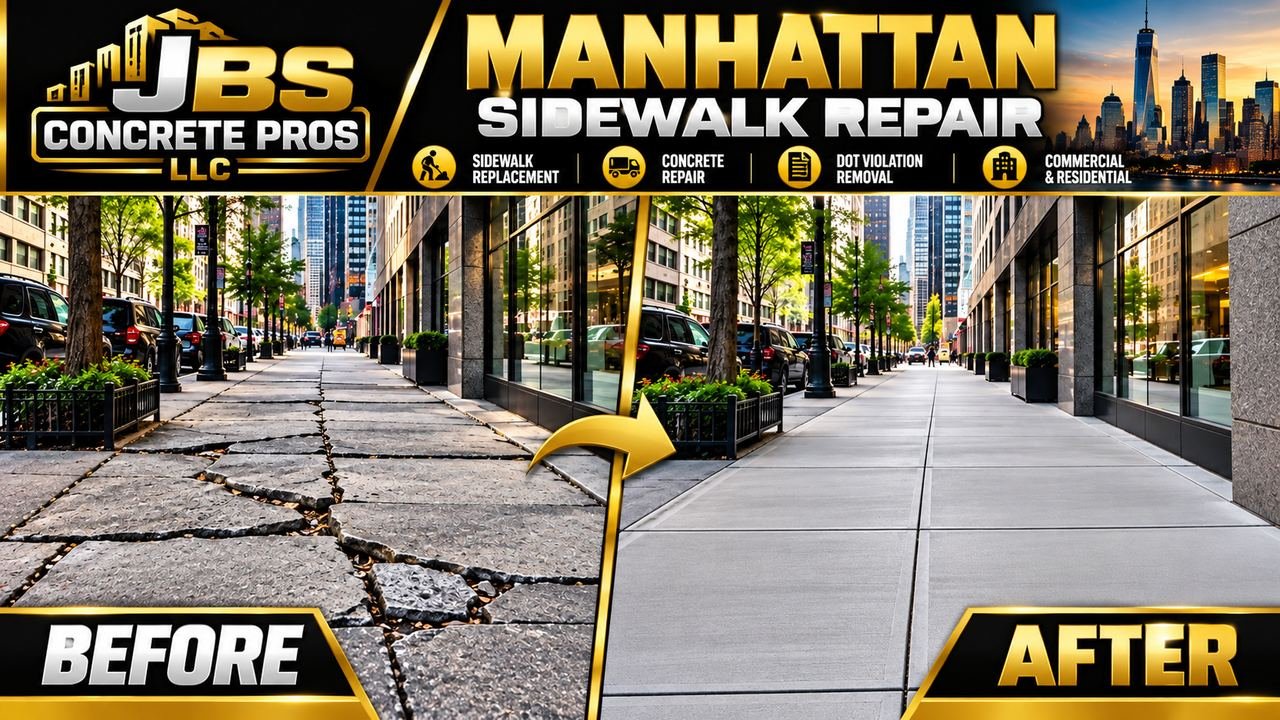 Before and after: badly cracked Manhattan sidewalk flags in front of a glass office building replaced with new concrete by JBS
