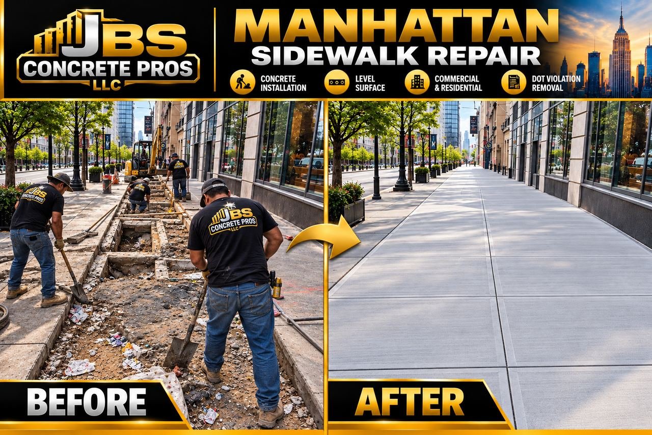 Before and after: JBS crew breaking out a commercial storefront sidewalk in Manhattan and the finished new concrete sidewalk