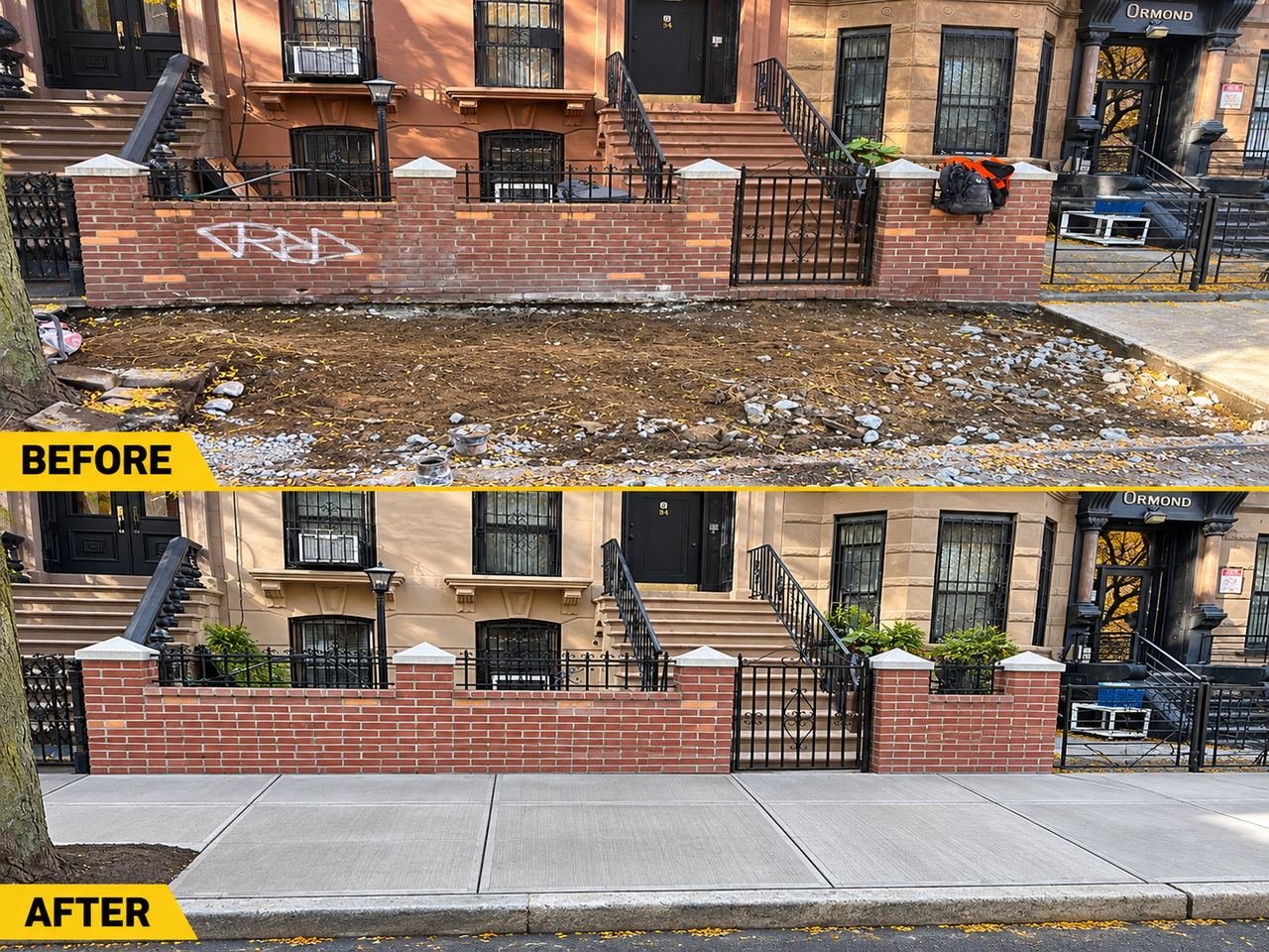 Before and after: excavated sidewalk in front of rowhouses with brick garden walls in the Bronx, replaced with a new jointed concrete sidewalk by JBS Concrete Pros