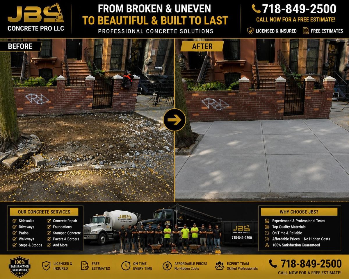 Before and after: broken front area replaced with fresh broom-finished concrete flags at an NYC brownstone