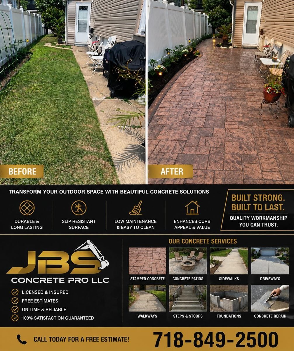 Before and after: grass side yard converted to a stamped concrete patio with landscape lighting